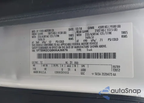 2019 Ford Transit-350 from USA, damaged, VIN 1FTBW2CG8KKA36876